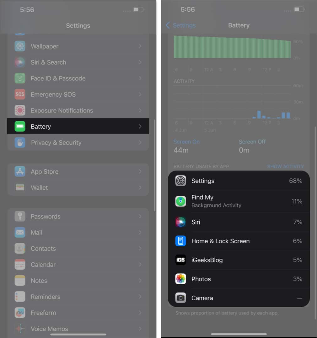 Access battery access the active apps on your device in settings app