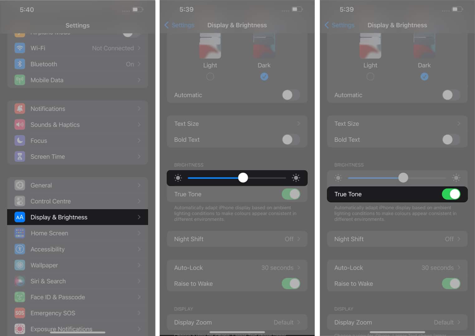 Access Display Brightness adjust the slider enable true tone in settings