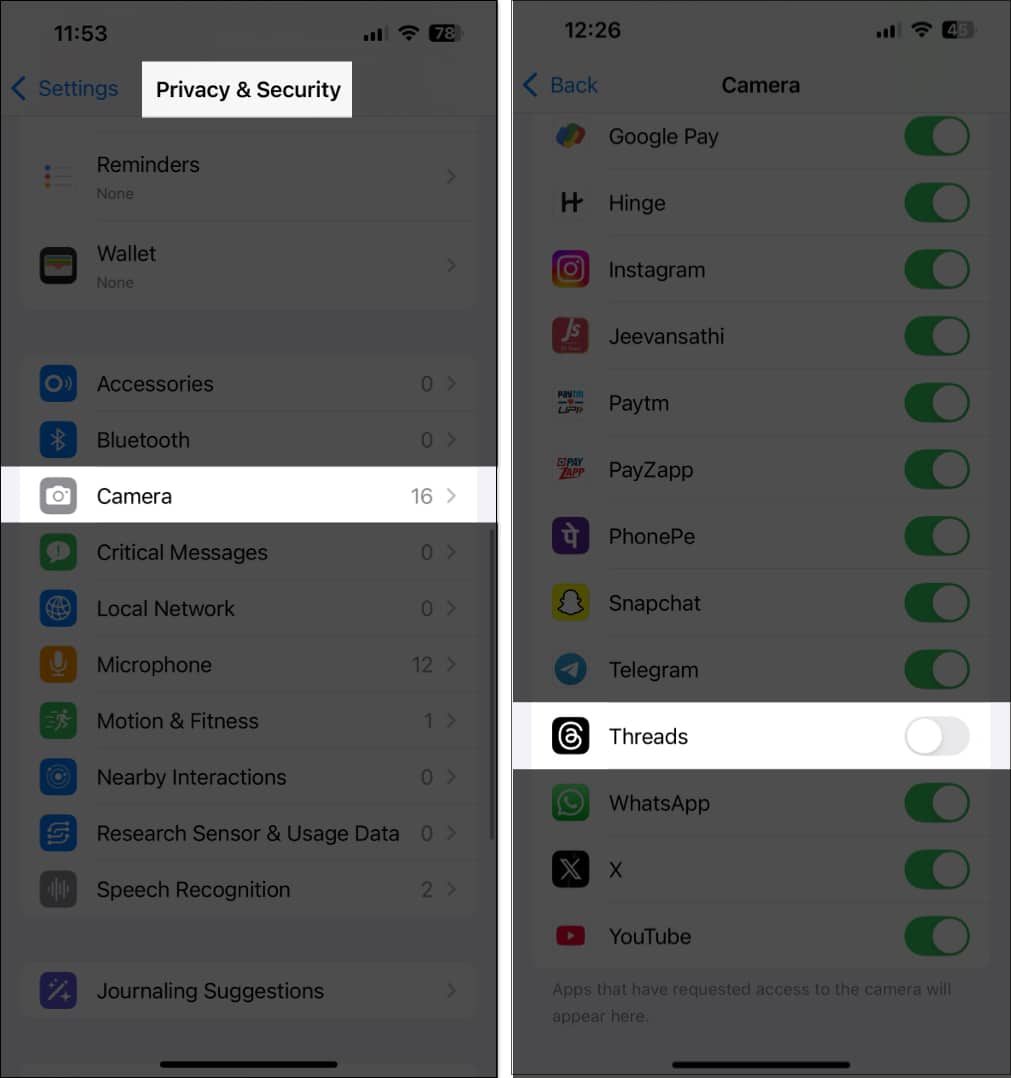 Disabling Camera access for an app on an iPhone