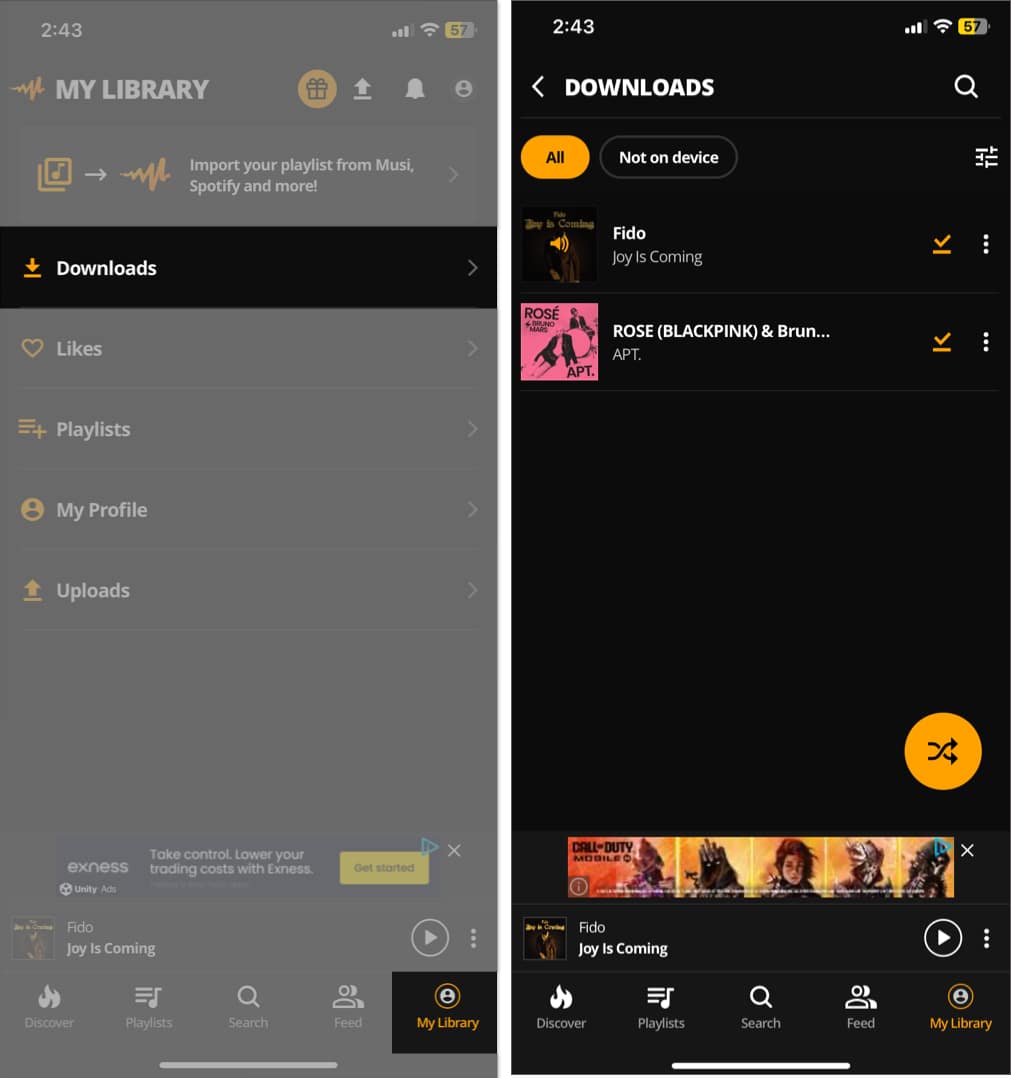 Accessing Downloads folder in Audiomack app