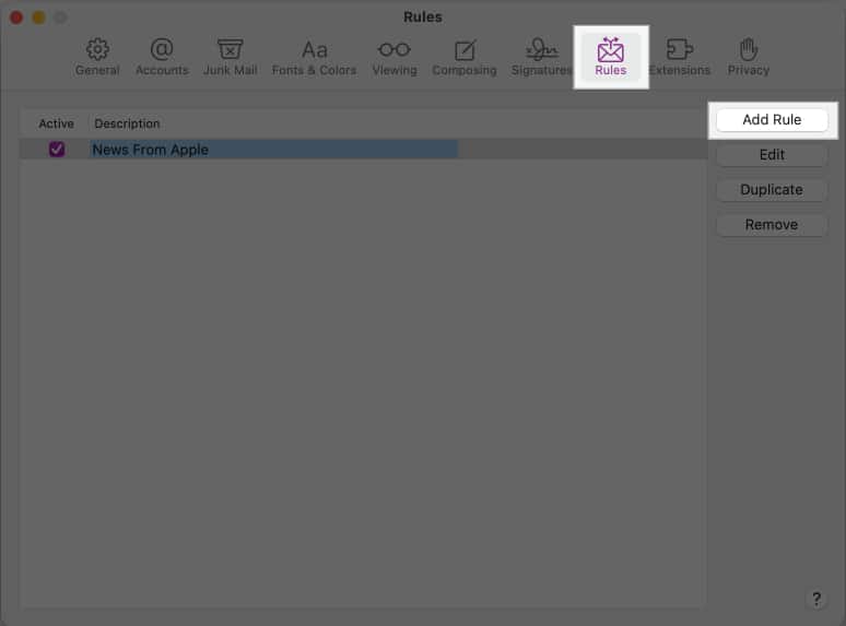 Accessing Rules tab in Mail app settings on Mac