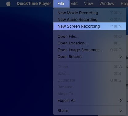 Click on File from the menu bar and select New Screen Recording after opening QuickTime player on Mac