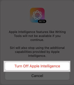 Confirming turning off Apple Intelligence on an Mac