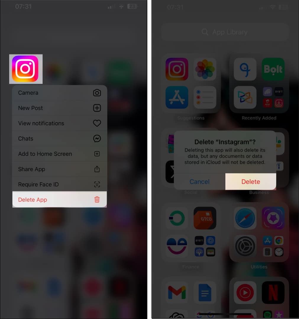 Deleting the Instagram app on an iPhone