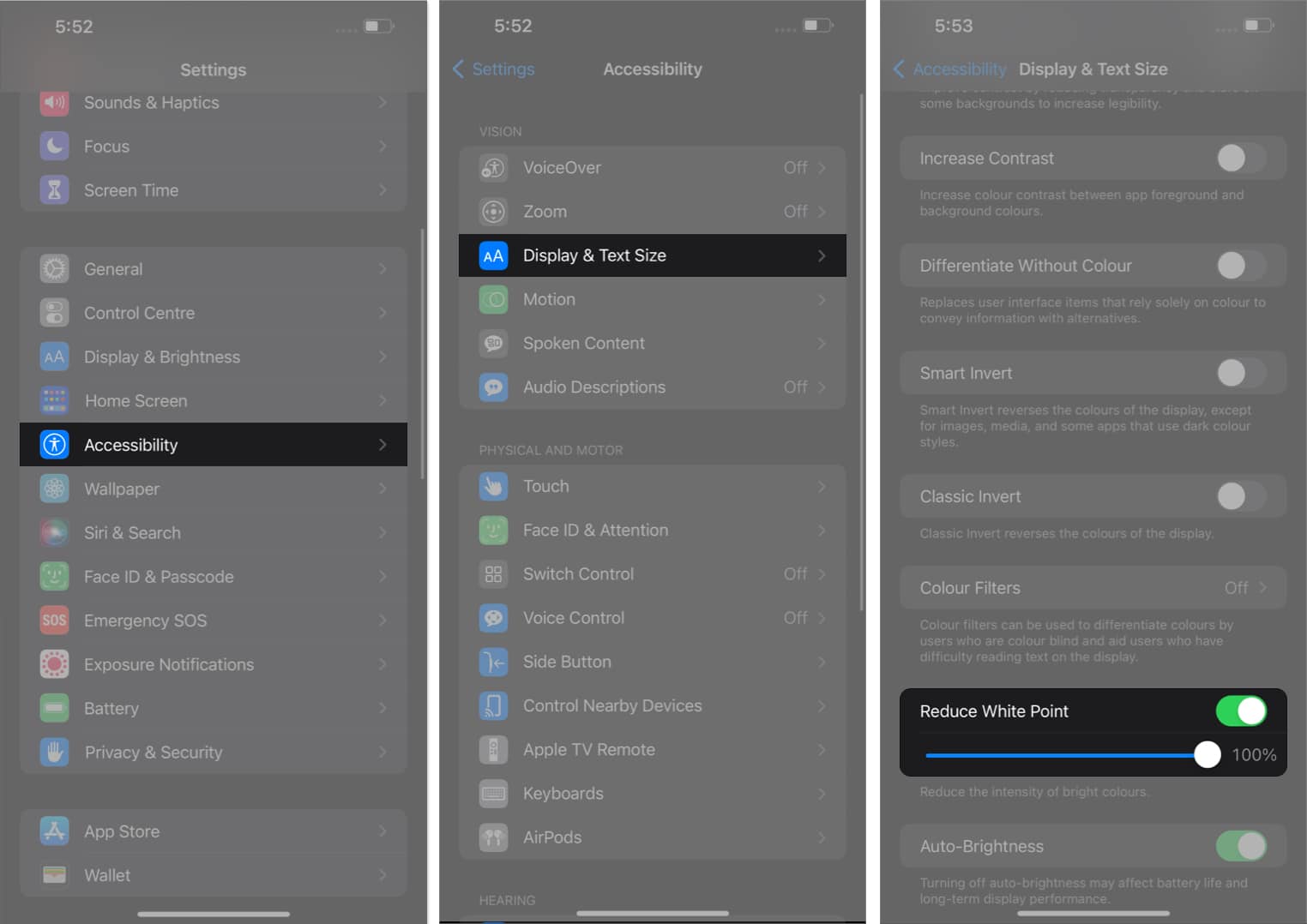 Display Text Size option Now toggle on the Reduce White Point option and shift the slider to 100 in settings