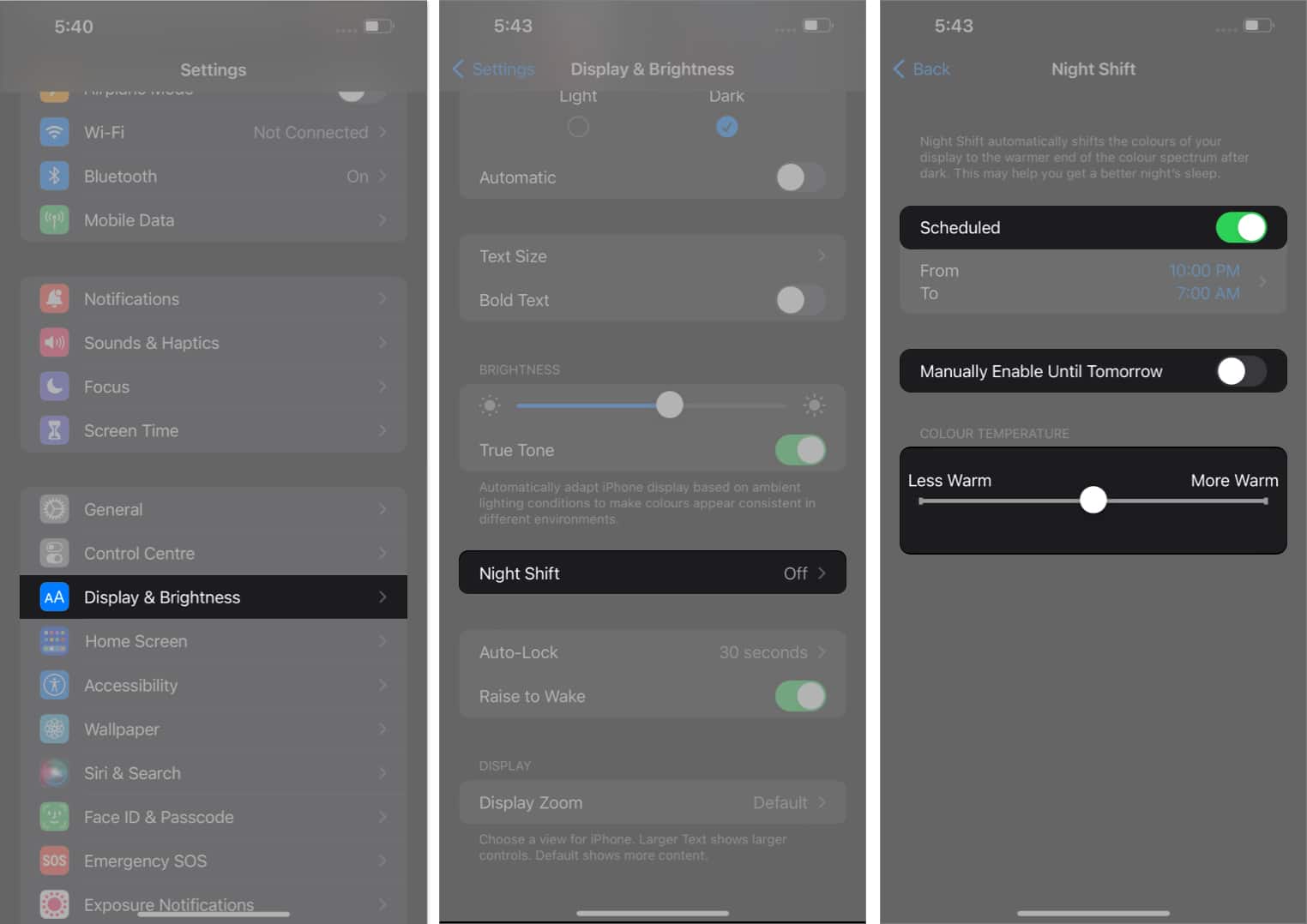 Go to Display Brightness choose the Night Shift option make changes in settings