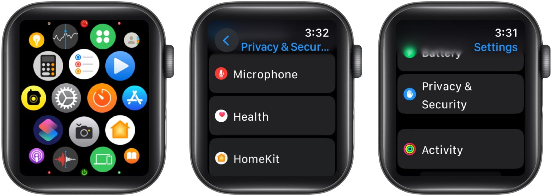 Go to Privacy and Security in Health Settings on Apple Watch