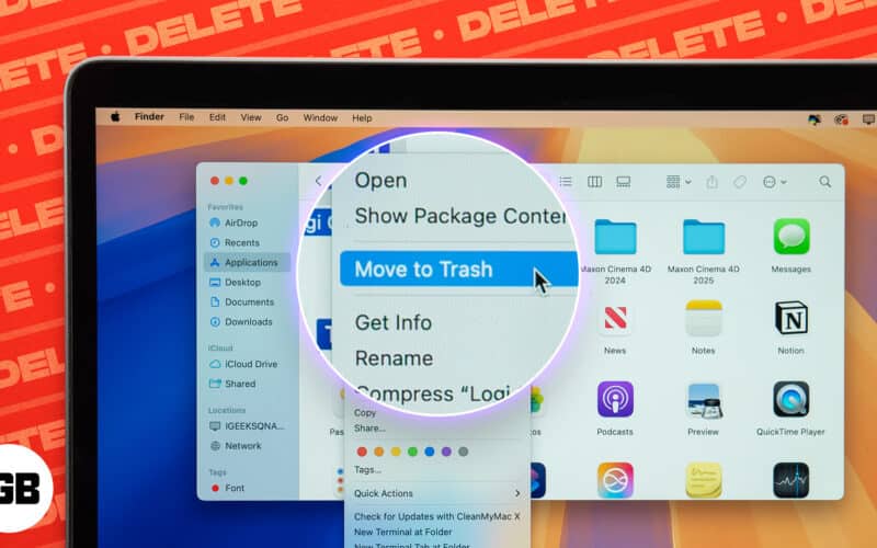 Move to Trash option to delete an app on a Mac