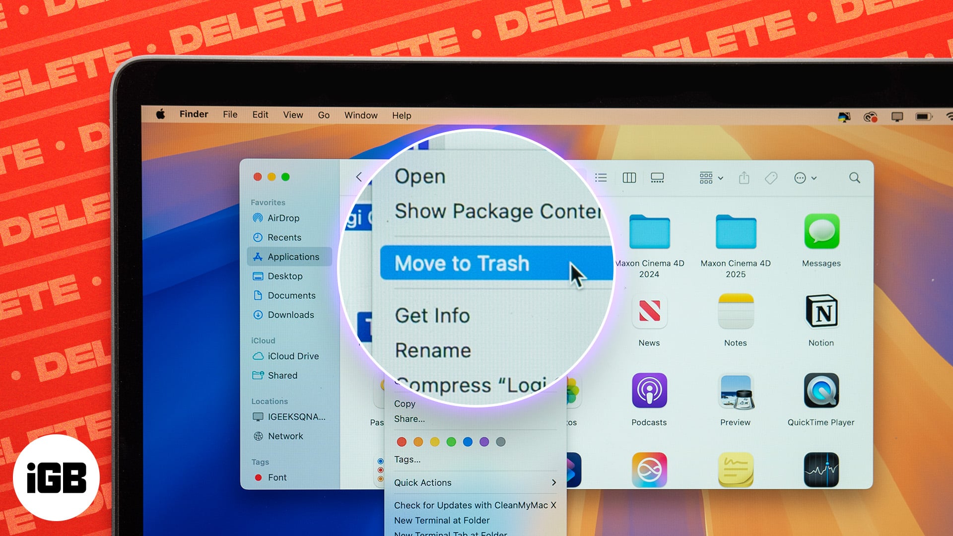 Move to Trash option to delete an app on a Mac