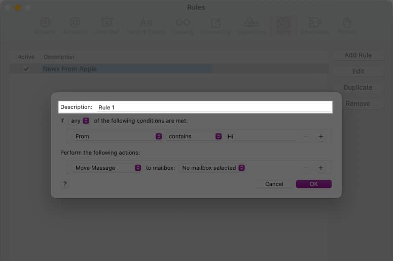 Re naming rule in the description field