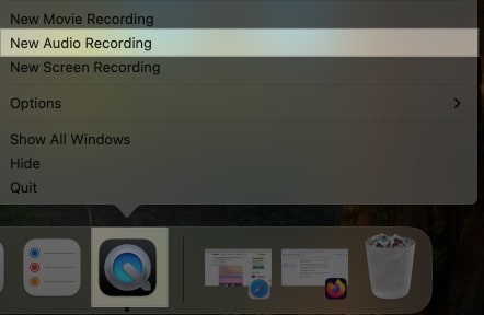 Choosing the New Audio Recording option for the QuickTime Player app on a Mac