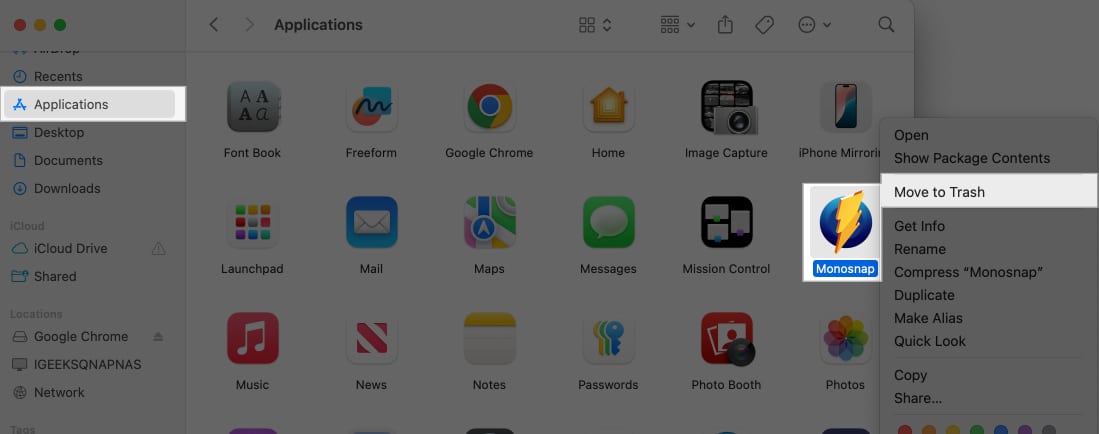 Deleting an app using the Move to Trash option in the context menu for an app in Finder