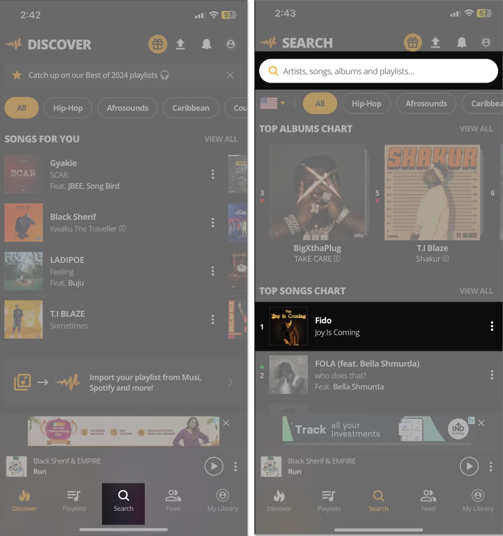 Searching for the song in Audiomack app on iPhone