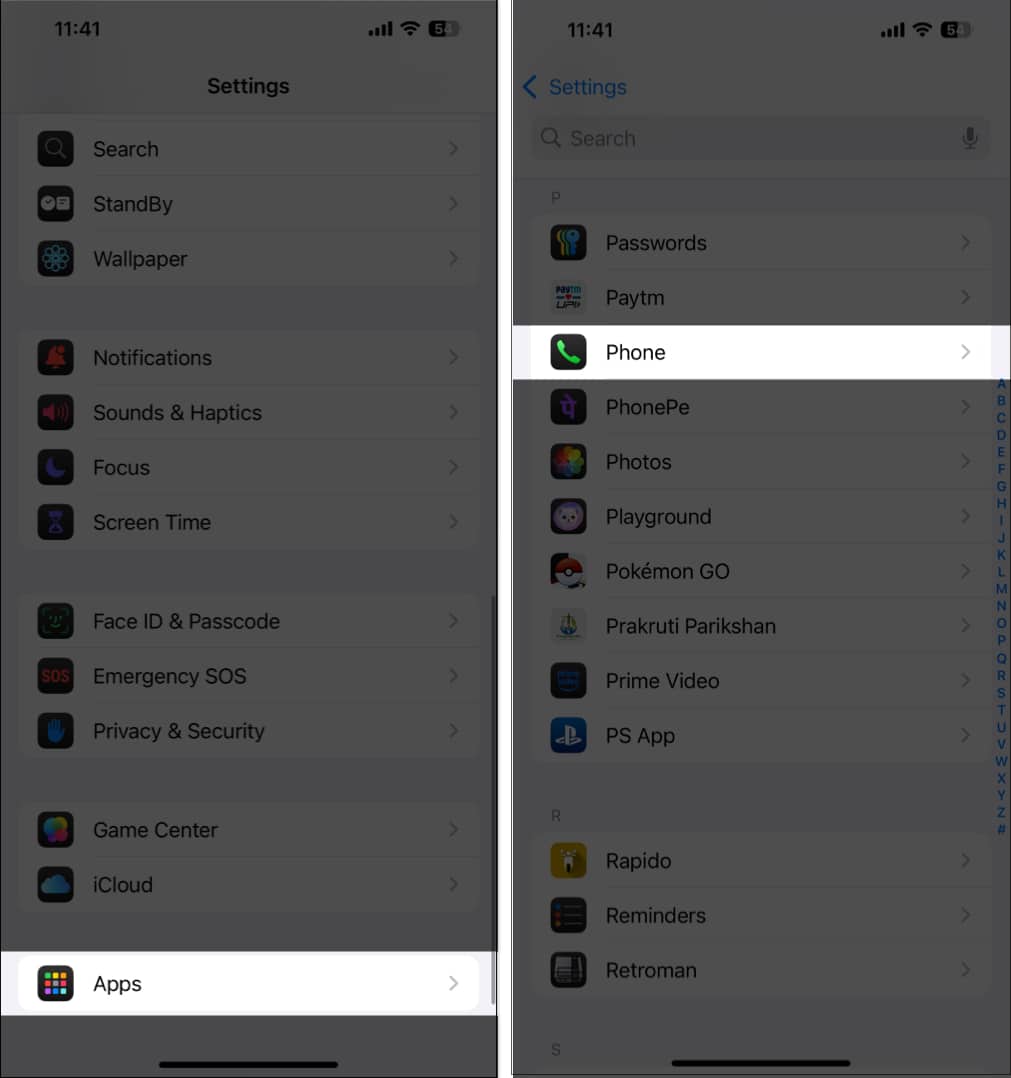 Selecting Phone from the Apps page in iOS Settings on an iPhone