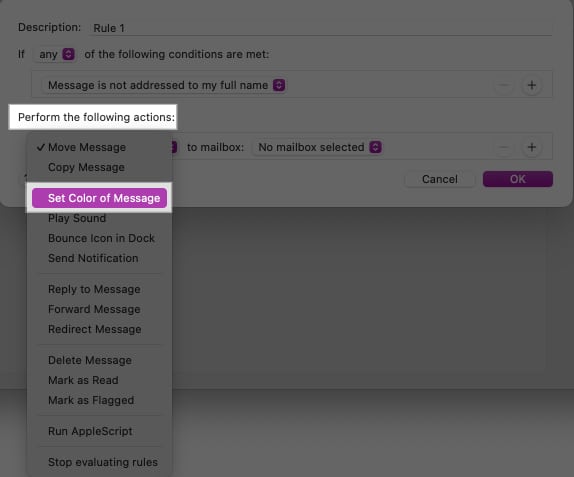 Select Set Color of Message in the Perform the following actions field