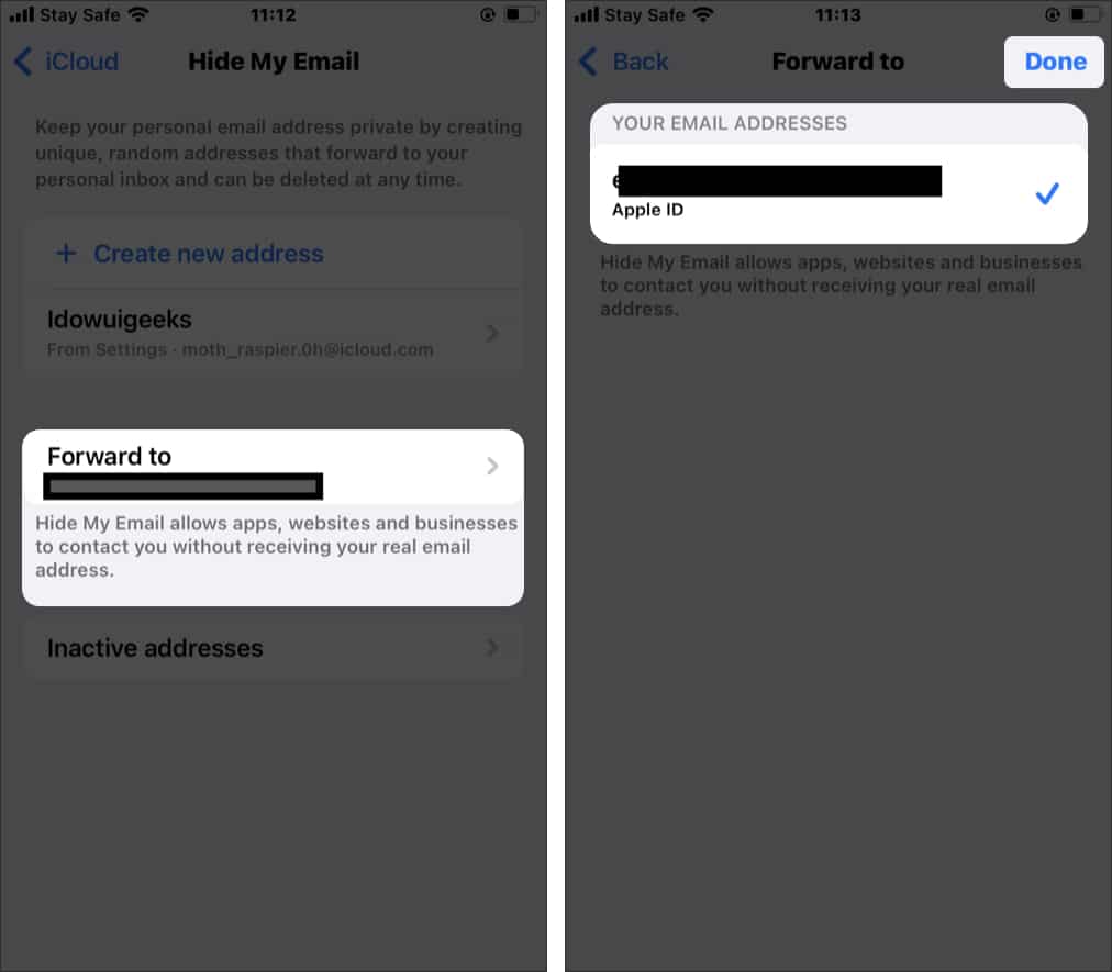 Setting up forwarding for a Hide My Email address on an iPhone