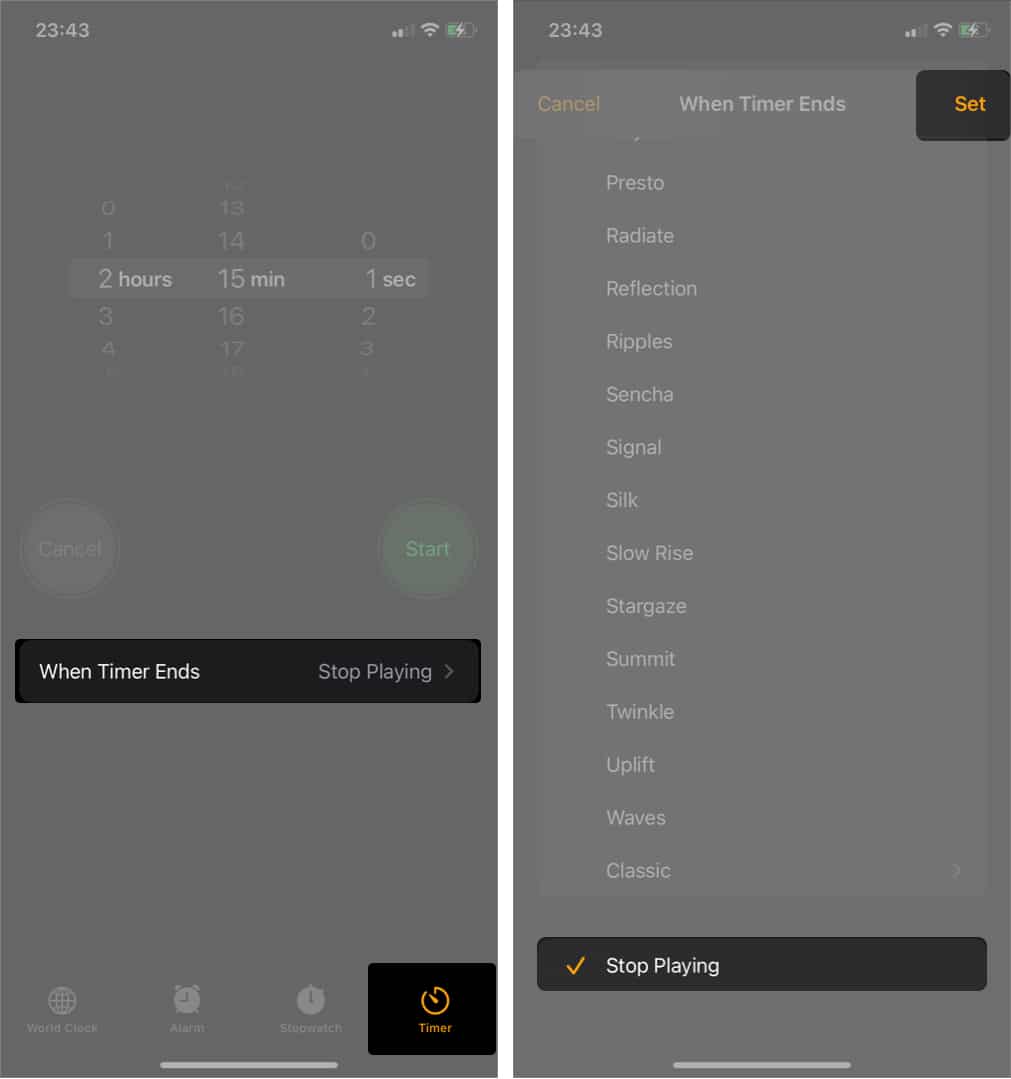 Stop music with a timer on iPhone