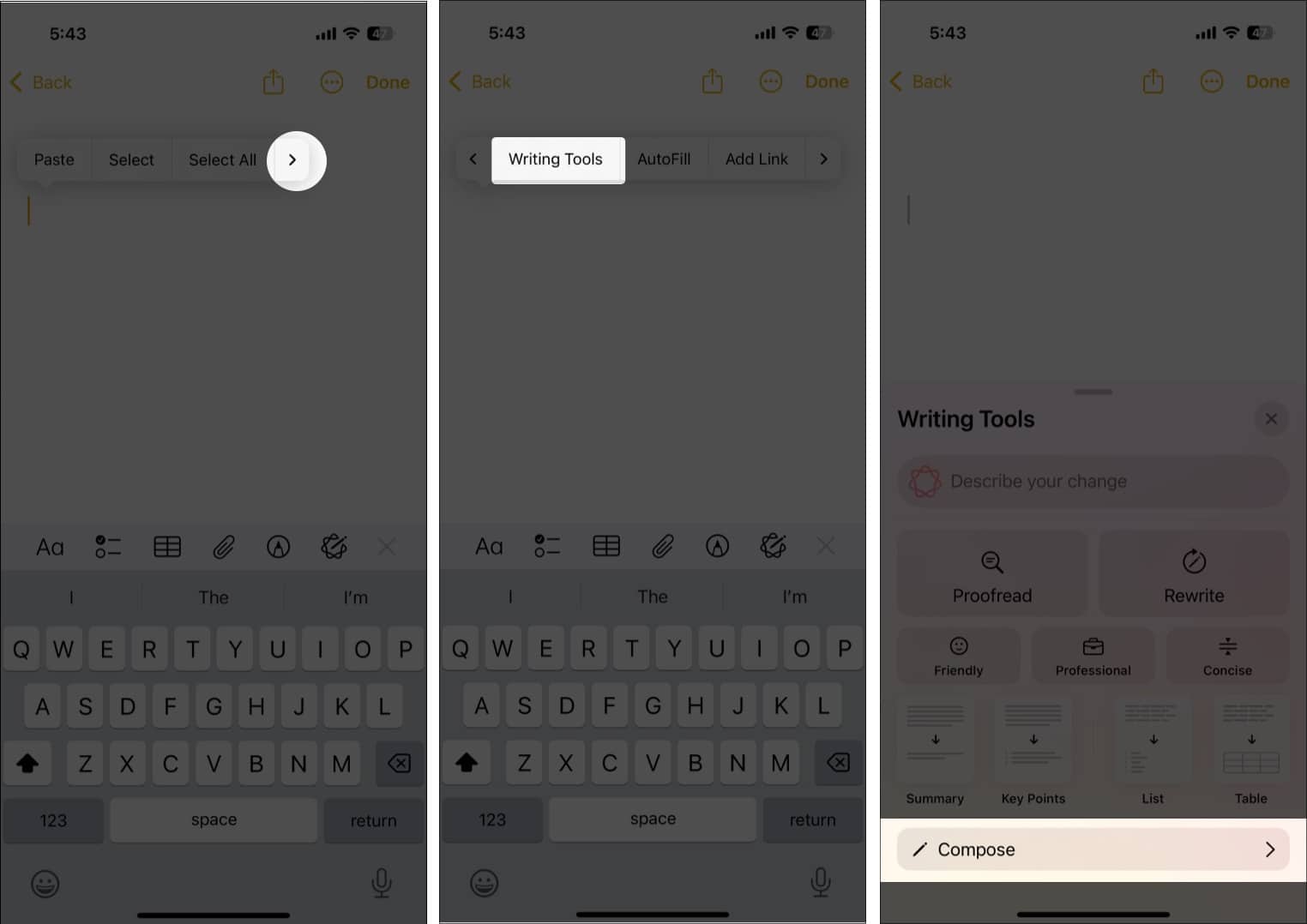 Tap Compose in Writing Tools option on iPhone