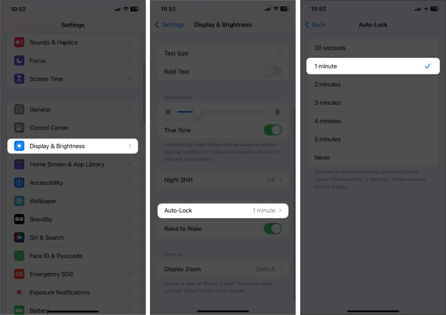 tap display and brightness auto lock select a time in settings