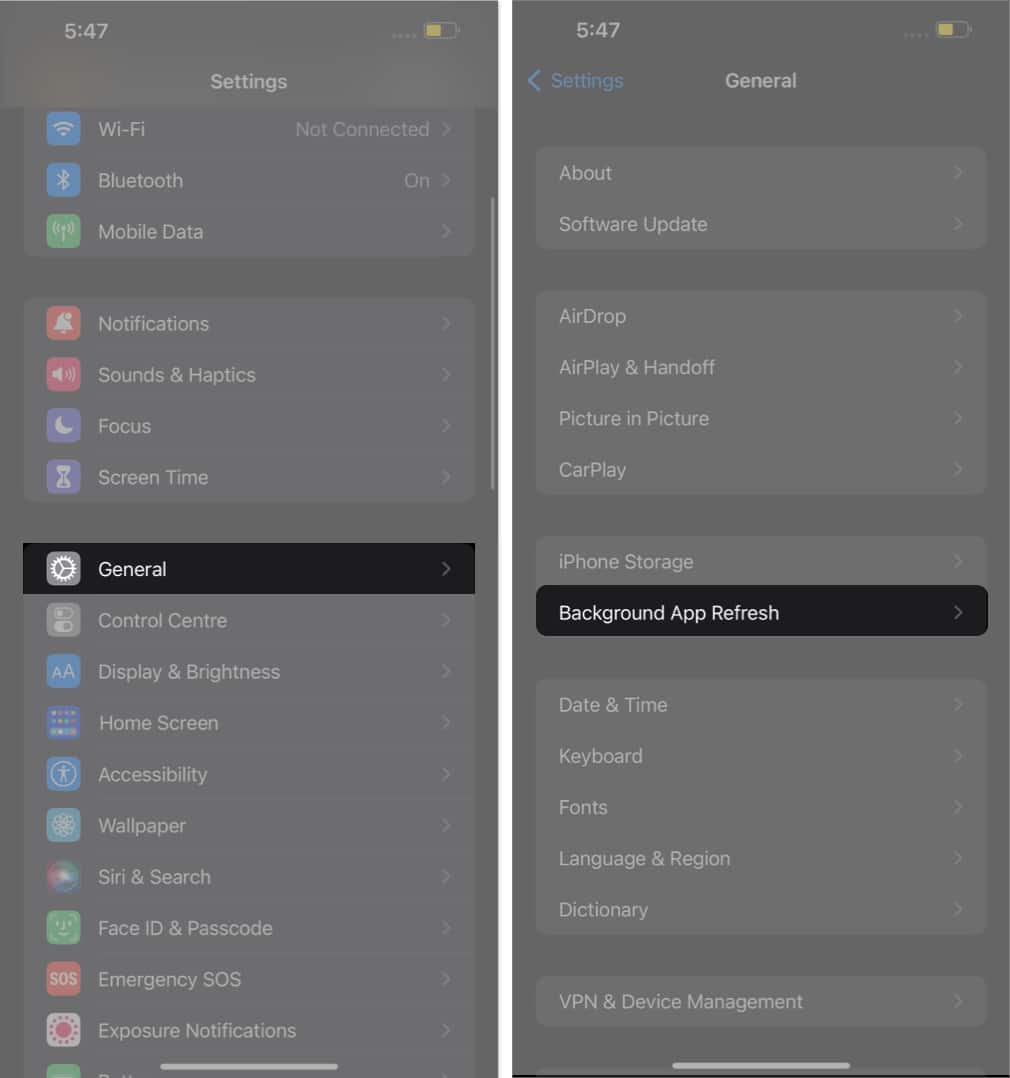 Tap general background app refresh in settings app