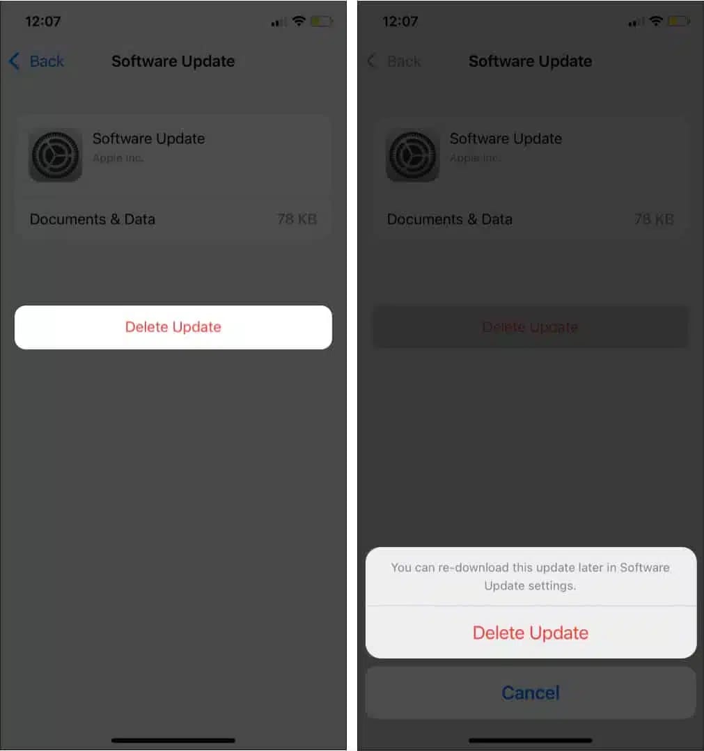 Tap on Delete Update to remove iOS from iPhone