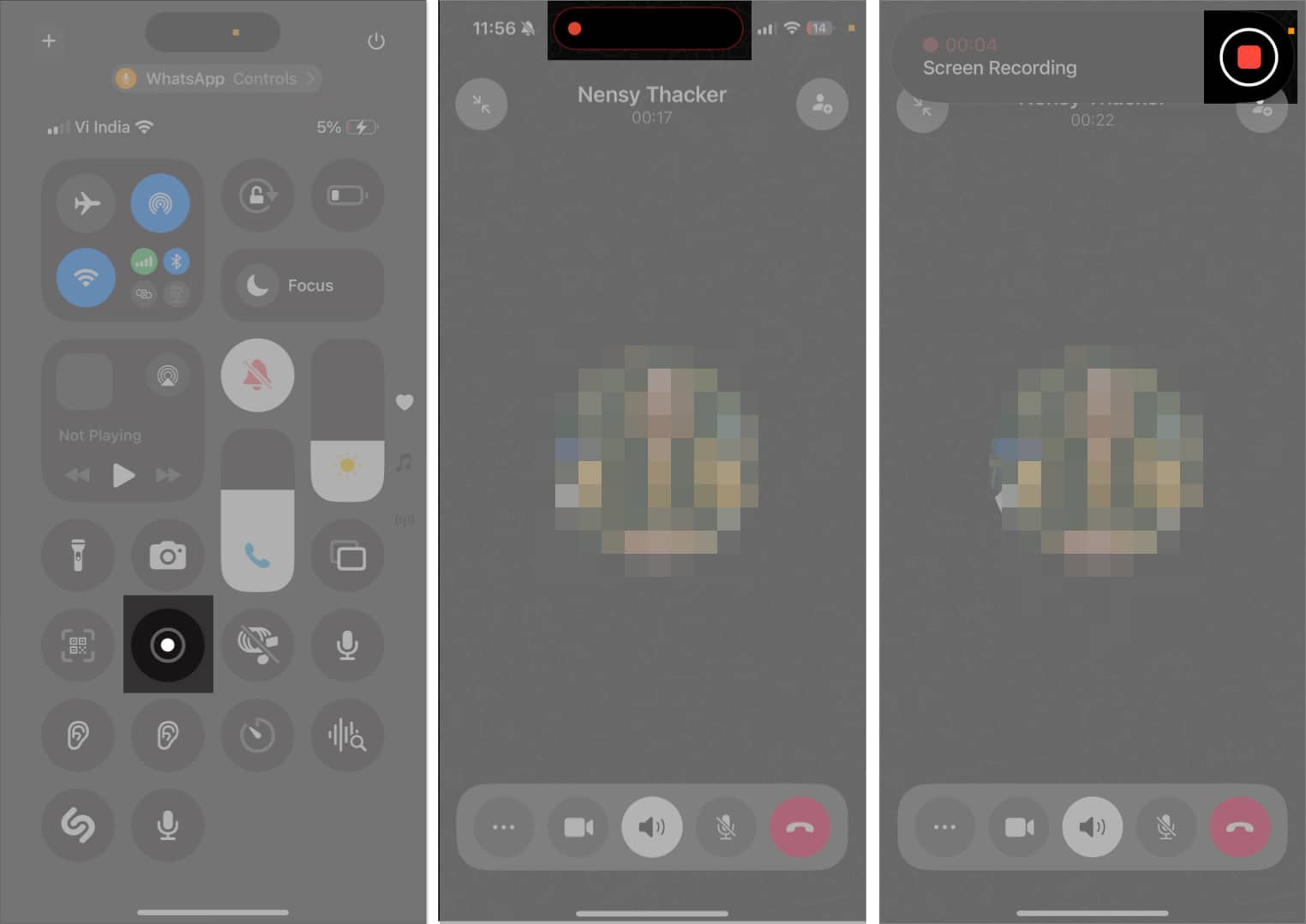 Using iOS's built-in screen recorder to record a WhatsApp call on an iPhone.