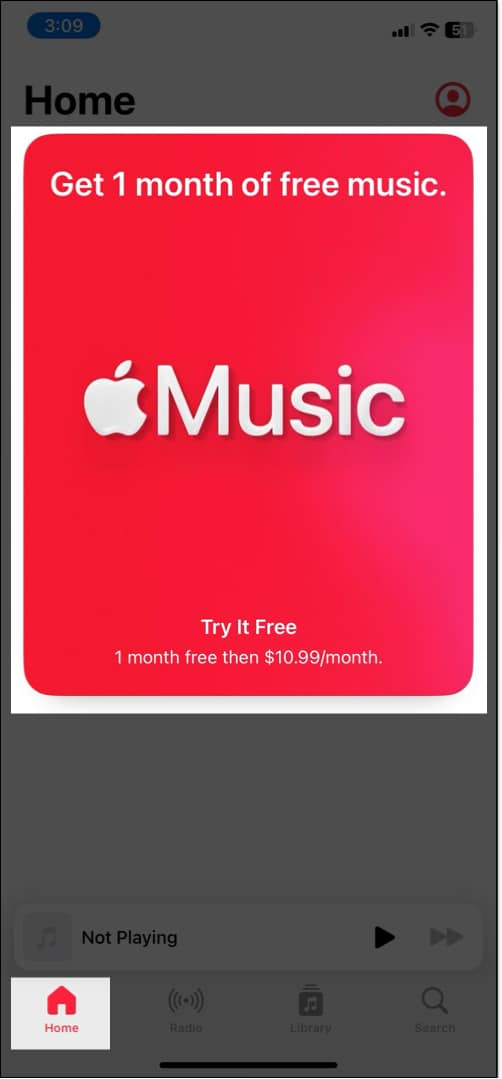 Tap on Try It Free banner on Apple music app on iPhone