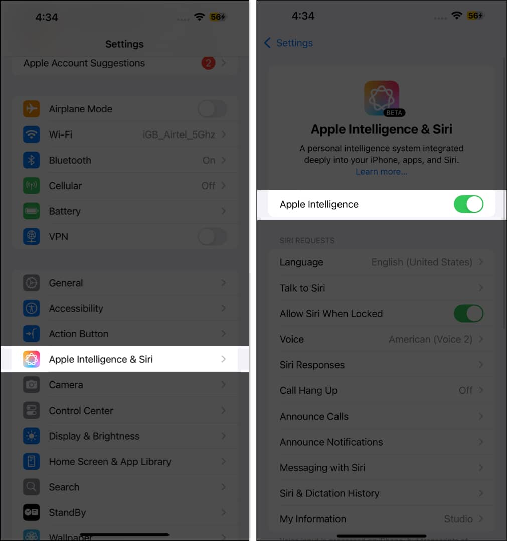 Toggle on Apple Intelligence and Siri from iPhone settings app