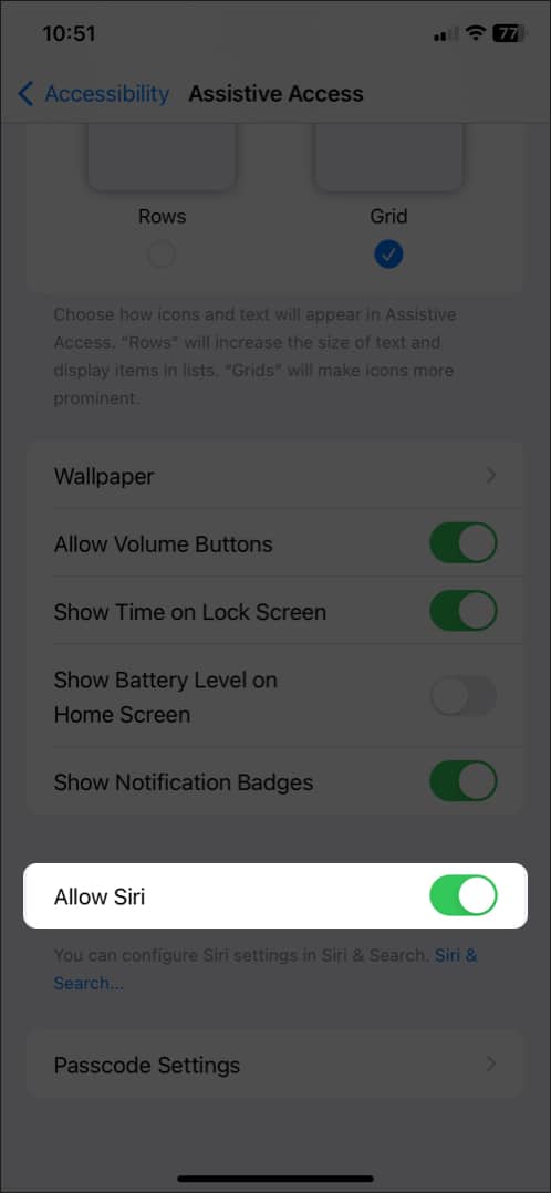 toggle on siri in assistive access settings