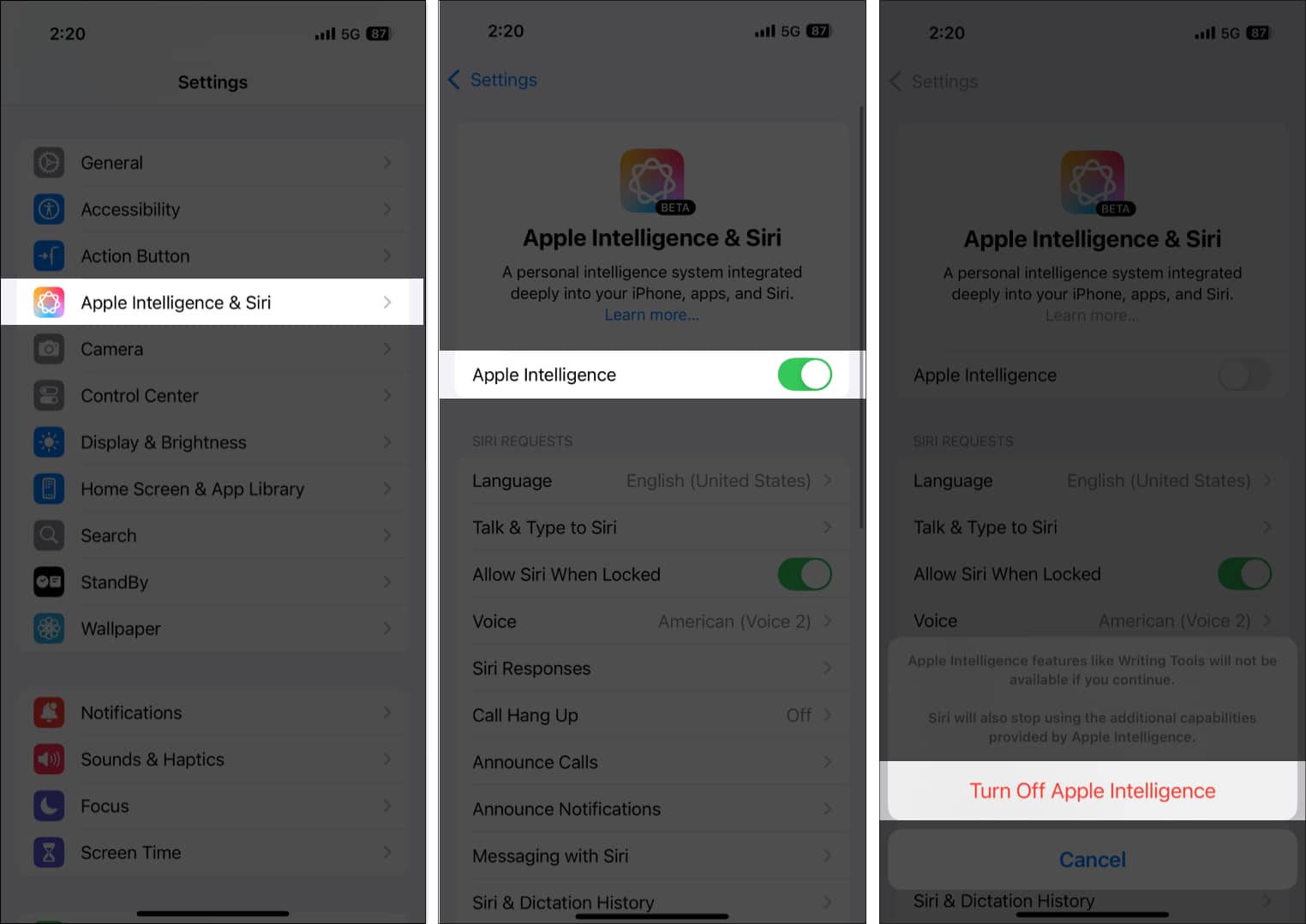 Toggling off Apple Intelligence in the iPhone Settings app