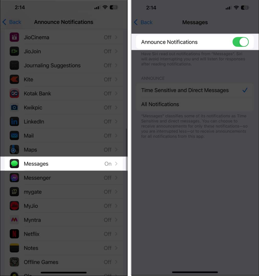 Toggling on Announce Notification for Messages app in iOS settings app