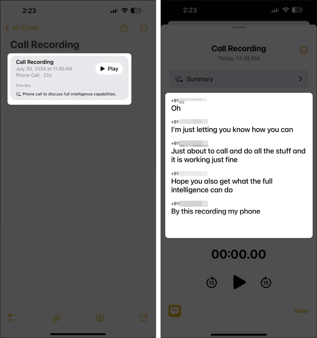 Transcribe call recording in Notes app on iPhone