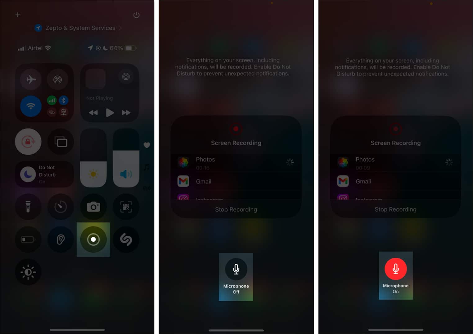 Turning on Microphone to record screen with audio from Control Center